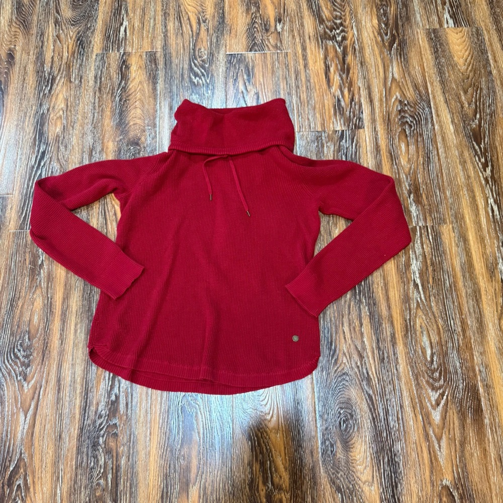 Ralph Lauren L Waffle Knit Sweater Womens Red Cowl Neck Drawstring Cotton